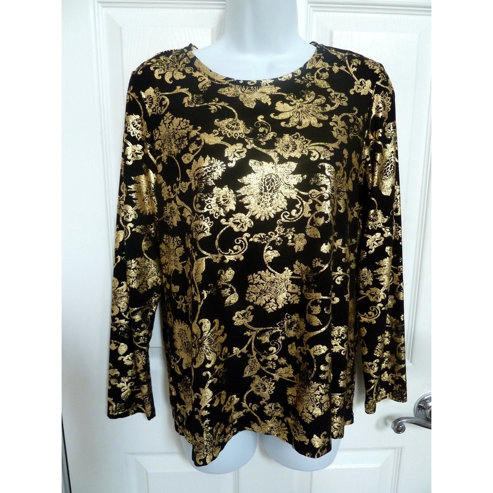 Chico's Size 1 M Black Gold Metallic Floral Holiday Party Pullover Top Blouse